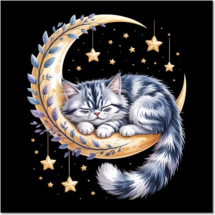 Crescent Moon British Longhair Cat Highland Straight Posters and Art
